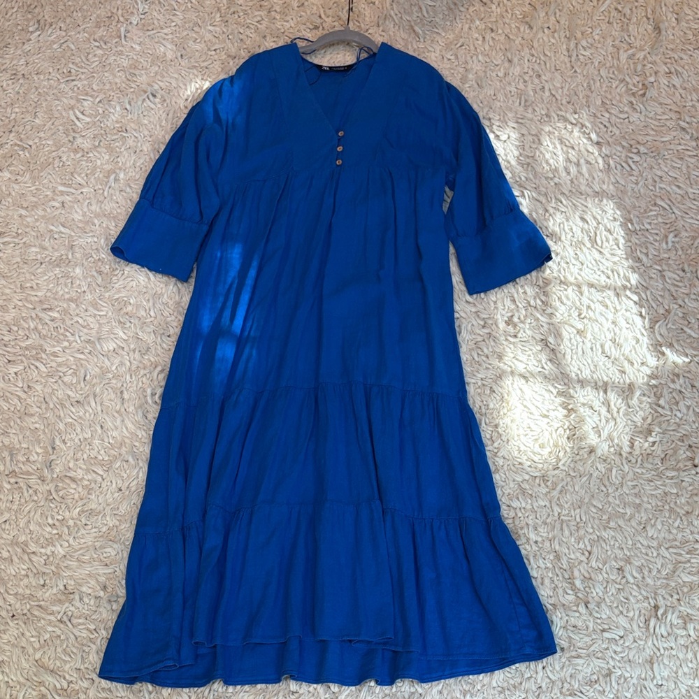 Zara Blue V-Neck Tiered Maxi Dress size medium